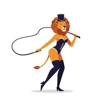 Lion character in stylish attire with whip in flat art vector