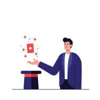 Magician performing a card trick with colorful sparkles in flat art vector