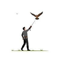 Falconer training a bird in flat minimal illustration style vector