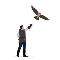 Man in gray attire releasing a falcon in a minimal style art vector