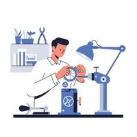 Mechanic assembling gears in a workshop with minimal design illustration vector