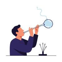 Person creating smoke bubbles using a glass tube in flat art vector
