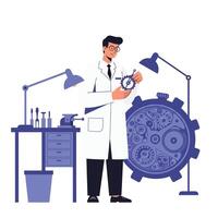 Scientist examining clock gears in a minimal, clean design illustration vector