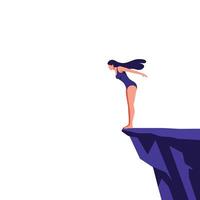 Woman poised to dive from cliff edge in minimal flat art vector