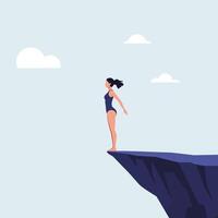 Woman poised to dive from cliff in flat illustration vector