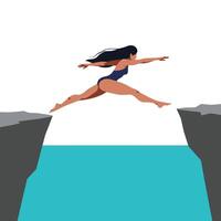 Woman leaping across a gap in a cliff in minimal art vector