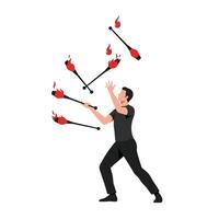 Juggling performer with flaming torches in dynamic action flat illustration vector