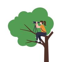 Woman observing nature from a tree branch in flat art vector