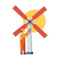 Wind turbine maintenance worker with tools in flat art style vector