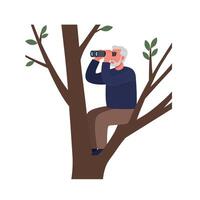 Elderly man observing nature from a tree in flat art style vector