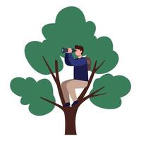 Man observing nature from a tree in flat illustration vector