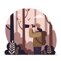Nature enthusiast observing wildlife through binoculars in flat art vector