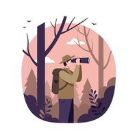 Man observing nature in a forest, minimal design style illustration vector