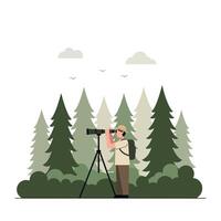 Man observing nature through telescope in detailed flat illustration vector