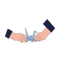 Two hands creating a blue origami crane in minimal illustration vector