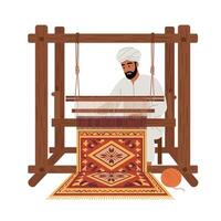 Weaver creating intricate patterned rug using traditional loom in flat art vector
