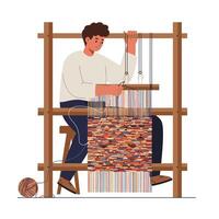 Weaver at Loom Creating Colorful Textile Design in Flat Art vector