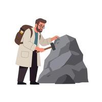 Scientist with hammer breaking rock in flat style illustration vector