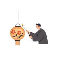 Man lighting traditional lantern with floral design in flat art vector