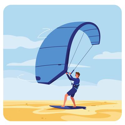 Kite surfer preparing to launch with blue kite in flat illustration