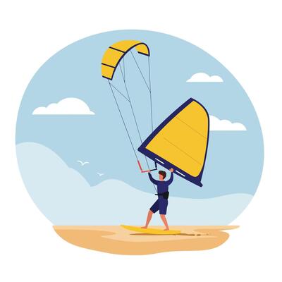 Kitesurfer in action with vibrant colors and dynamic shapes in flat art