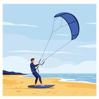 Kitesurfing action on the beach in a vibrant flat illustration vector