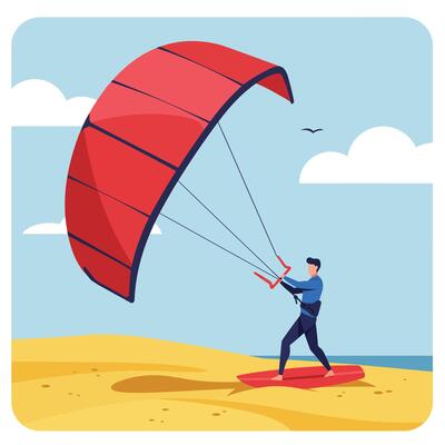 Paragliding adventure on sandy beach with minimal design style art