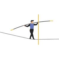 Person balancing on a tightrope with pole in flat art vector