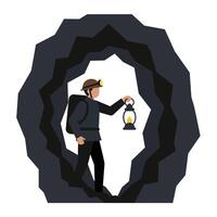 Miner holding lantern exploring dark cave in minimal art vector