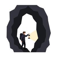 Adventurer exploring cave with lantern in flat art vector