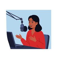 Woman speaking into microphone at desk in flat art vector