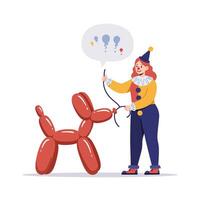 Cheerful clown creating balloon dog in flat art style with playful colors and shapes illustration vector