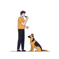 Person training a dog with a whistle in flat art vector