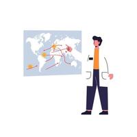 Scientist presenting global data on a map in flat illustration vector