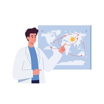 Scientist explaining solar path on a world map in flat art vector