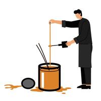 Person pouring liquid from container into stick while creating detailed flat art vector
