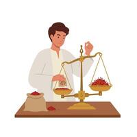 Man weighing spices with a balance scale in flat art vector