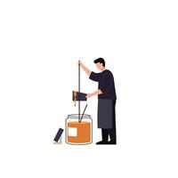 Person stirring paint in a jar with a stick in flat art vector