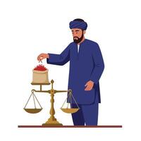 Man weighing spices on balance scale in traditional attire flat art vector