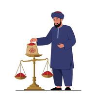 Man weighing spices on a balance scale in flat art style vector