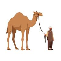 Camel standing beside a man in a flat minimal style art vector