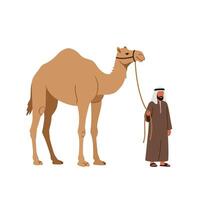 Camel standing beside a man in traditional attire in flat art vector