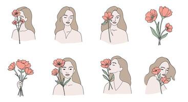 Woman holding flowers in various poses with flat and minimal design illustration vector