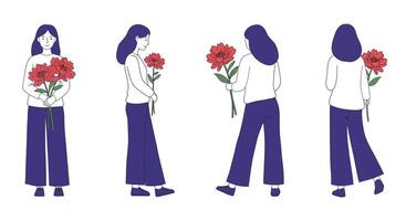 Woman holding red flowers transitioning from front to side view in minimal illustration vector