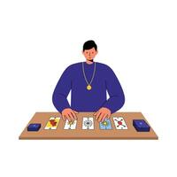 Man reading tarot cards in flat minimal style art vector