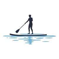 Person paddleboarding on calm water in minimal flat art vector