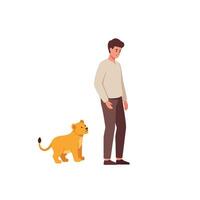 Young man walking with a playful lion cub in flat art vector