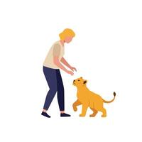 Person interacting playfully with a lion cub in flat illustration vector