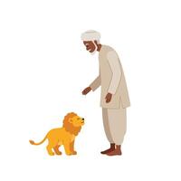 Man interacting with a friendly lion in flat art style vector