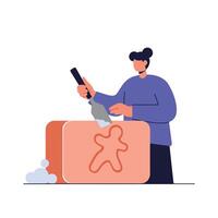 Sculptor carving a figure from stone in flat minimal art vector